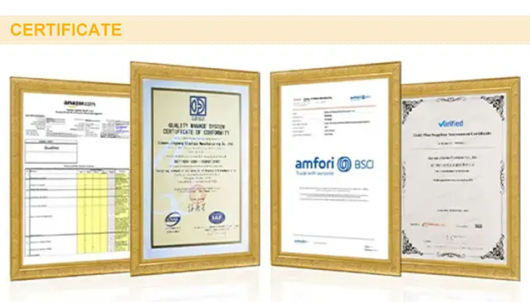 Four framed certificates and audit documents, including a document bearing the amfori BSCI name