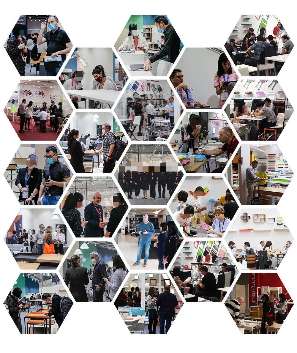 Collage of furniture exhibition displays and conversations with visitors