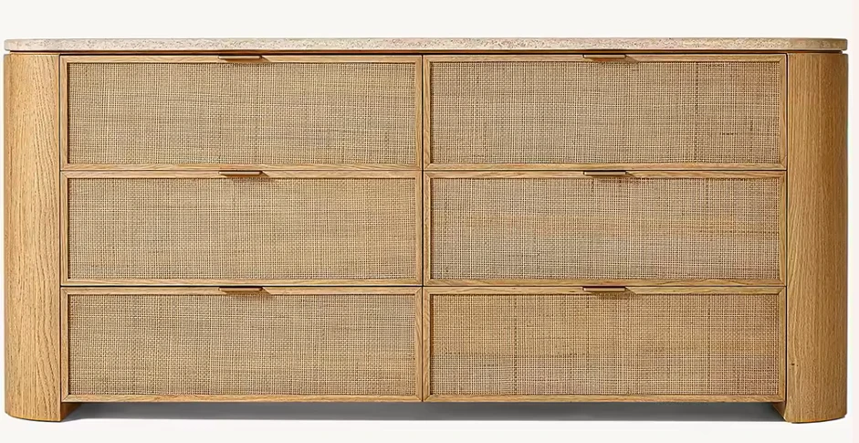 Luxury modern 6-drawer wooden dresser in a light wood finish with woven-look drawer fronts, 72 inches wide