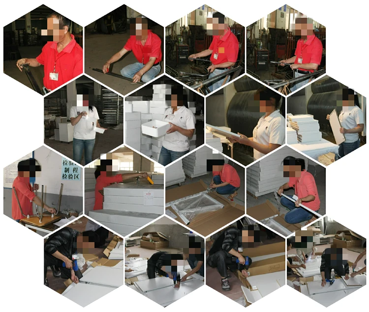 Workers inspecting and preparing furniture components on the production floor