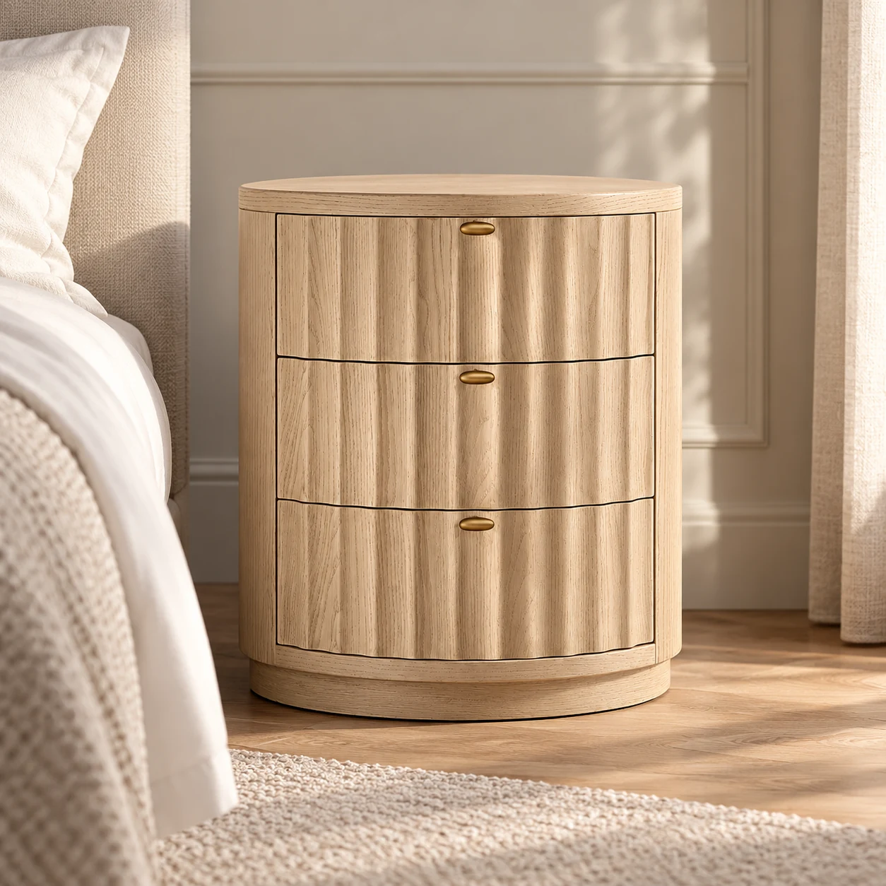 Round Wooden 3-Drawer Nightstand — front three-quarter view in a room setting