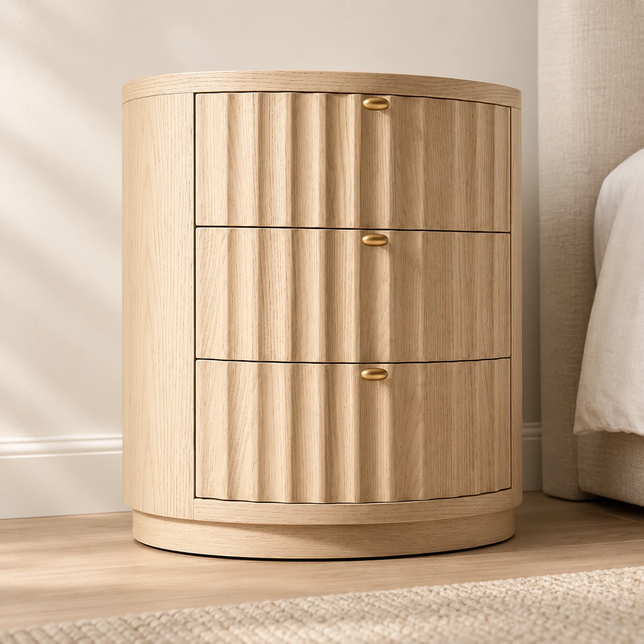 Round Wooden 3-Drawer Nightstand — side view