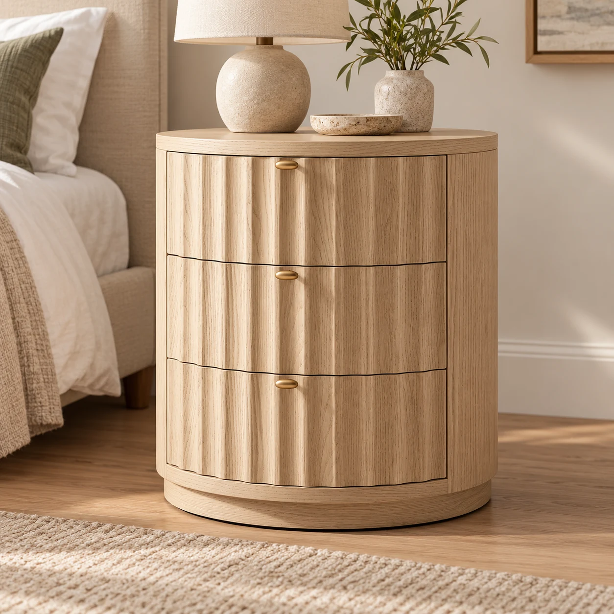 Round Wooden 3-Drawer Nightstand — alternate three-quarter view
