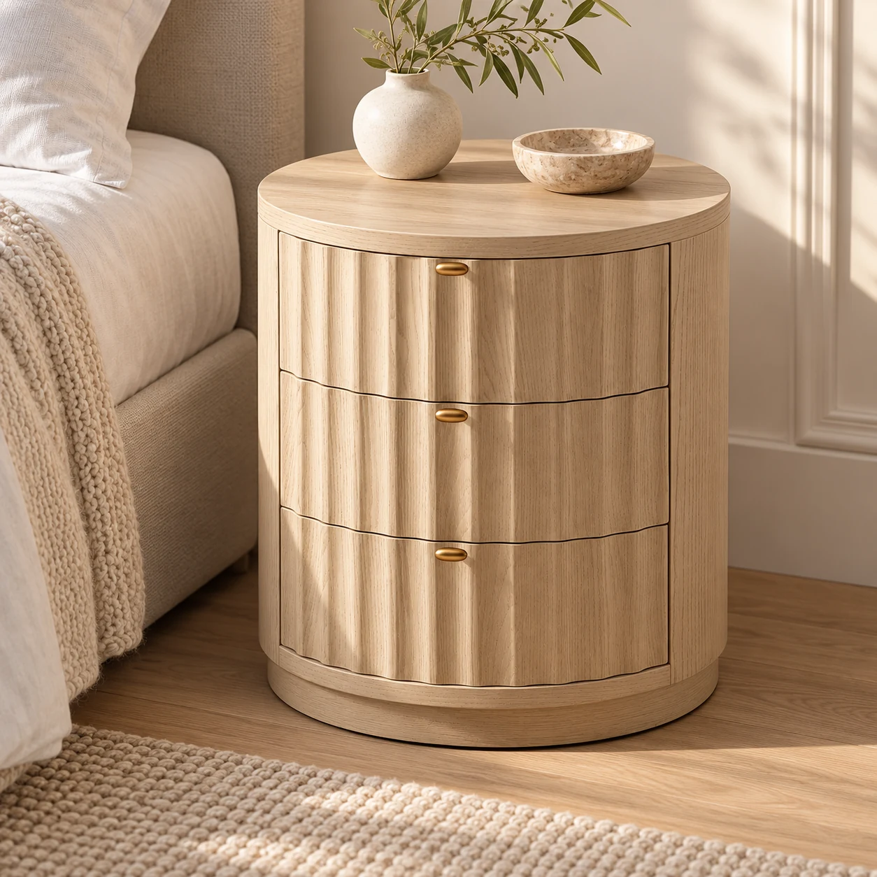 Round Wooden 3-Drawer Nightstand — beside a bed, with its round top and three drawers visible