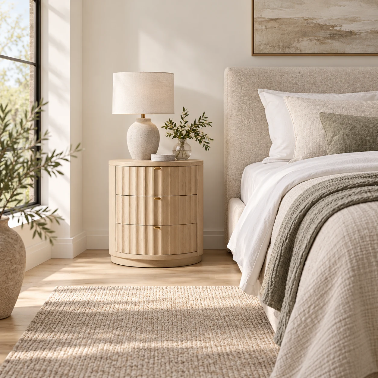 Round Wooden 3-Drawer Nightstand — shown beside a bed in a wider bedroom view
