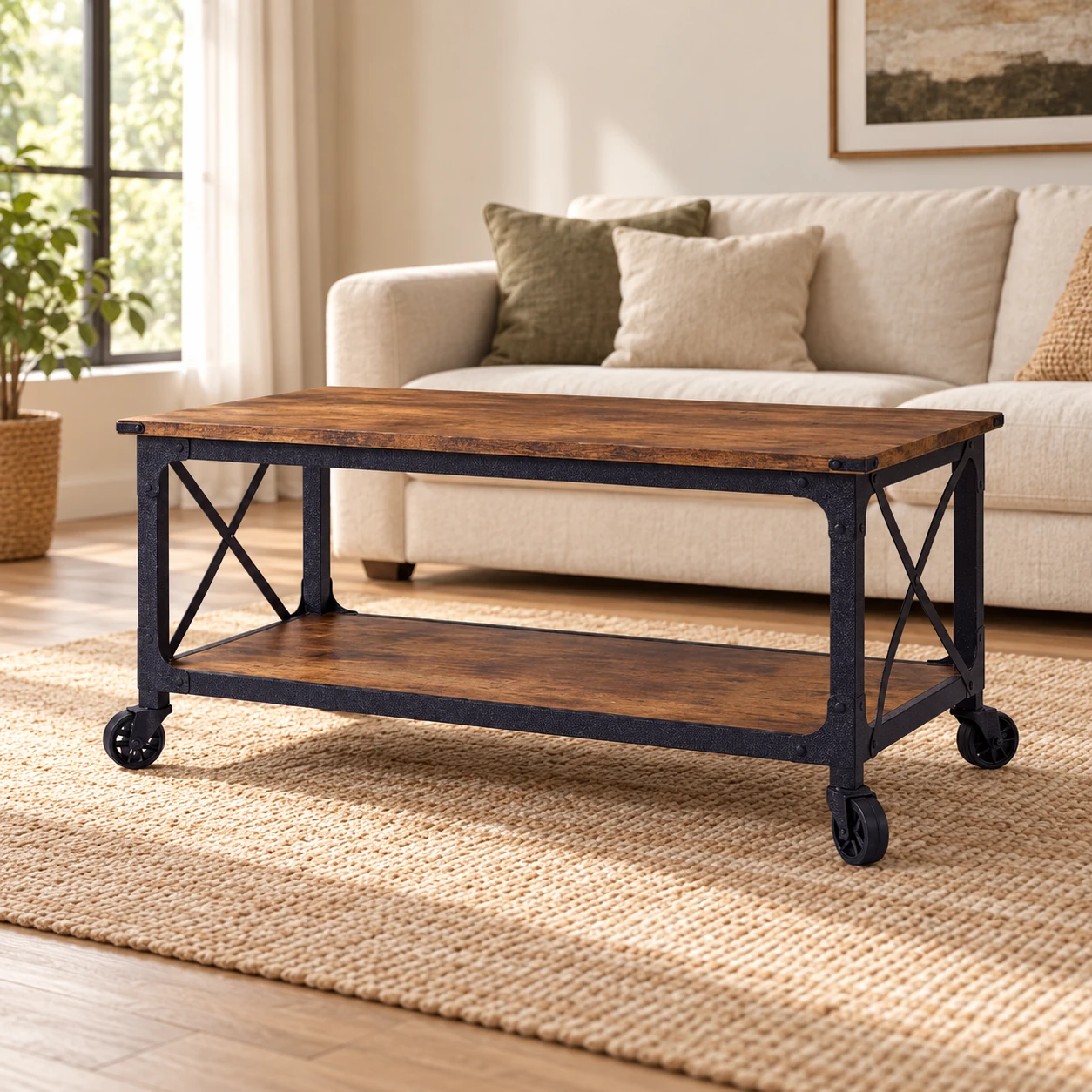 Steel & MDF Coffee Table with Lower Shelf — front three-quarter view in a room setting