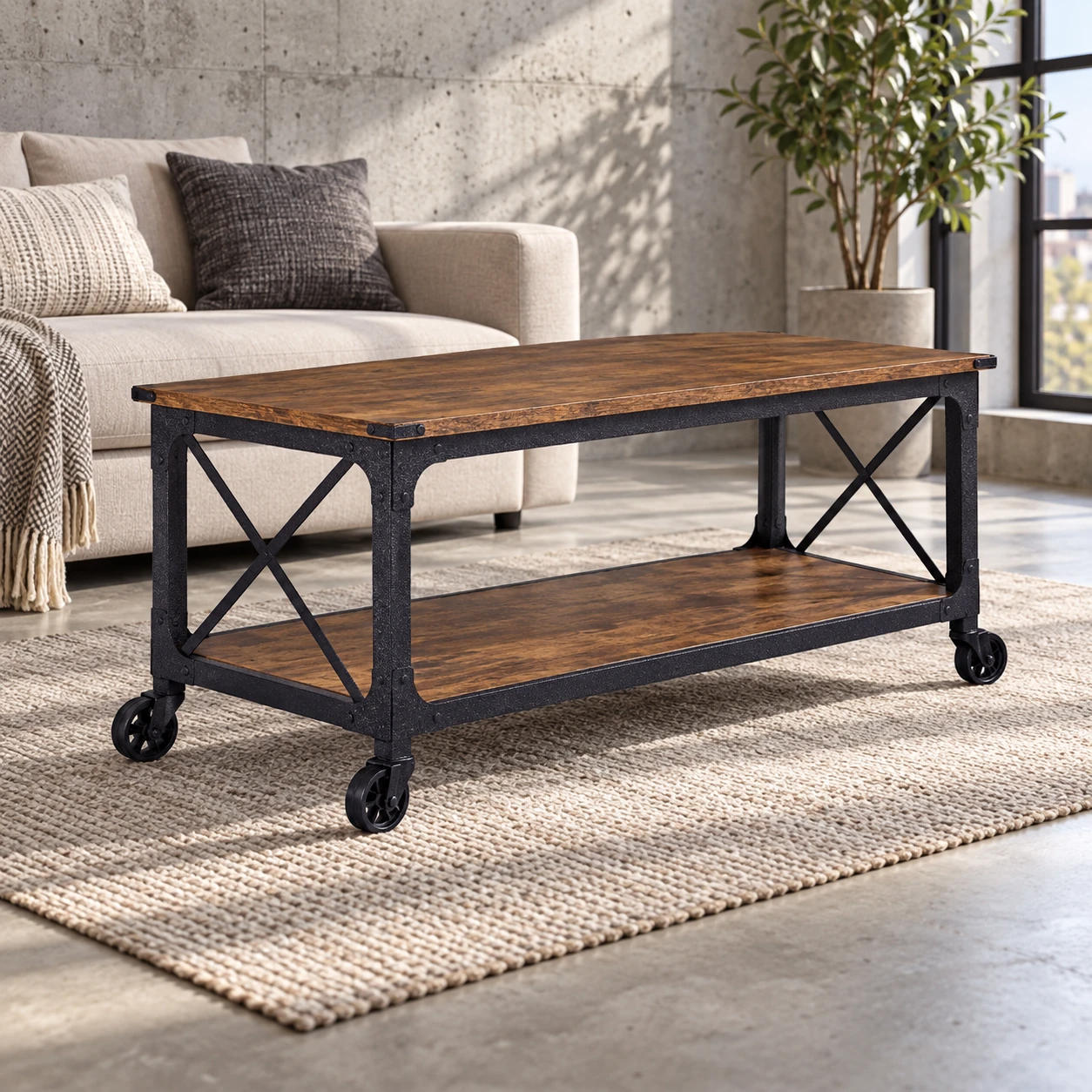 Steel & MDF Coffee Table with Lower Shelf — alternate three-quarter view