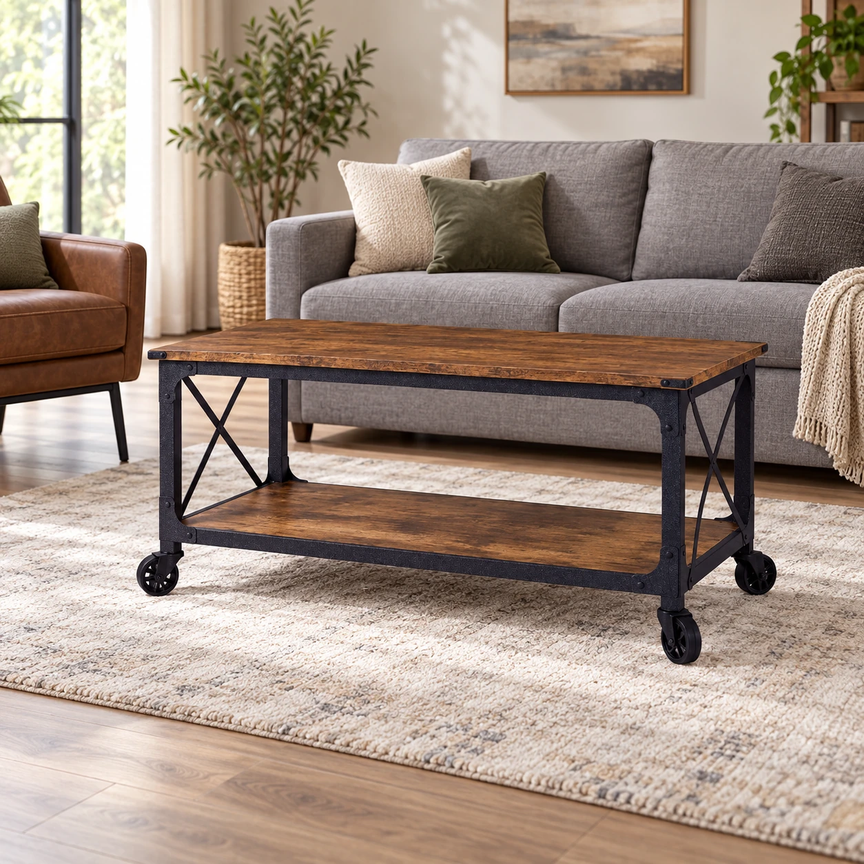 Steel & MDF Coffee Table with Lower Shelf — styled beside living-room seating