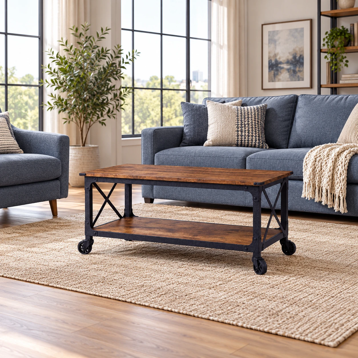 Steel & MDF Coffee Table with Lower Shelf — shown in a wider living-room setting