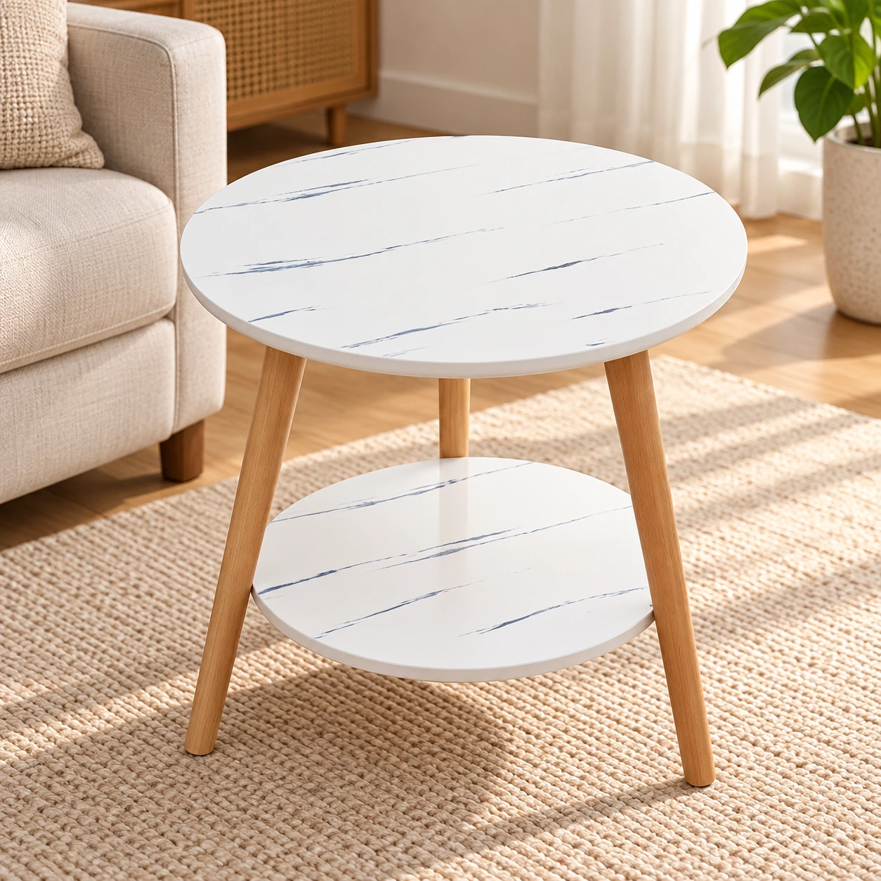 Round Two-Tier Side Table — front three-quarter view in a room setting