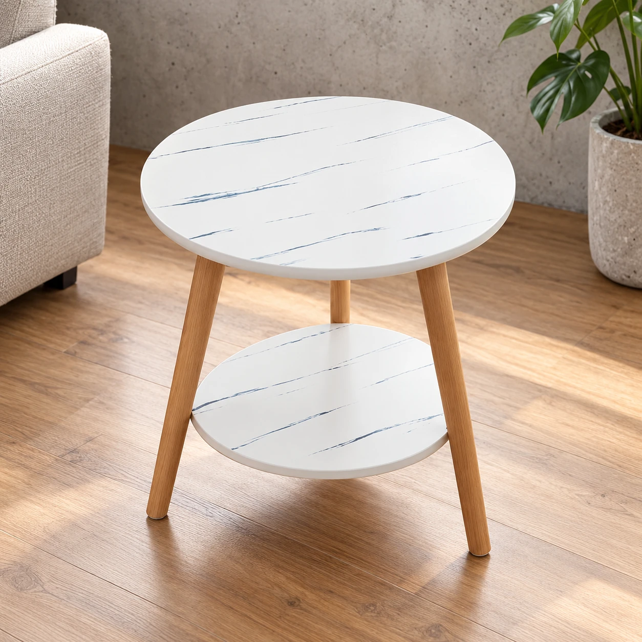 Round Two-Tier Side Table — alternate three-quarter view