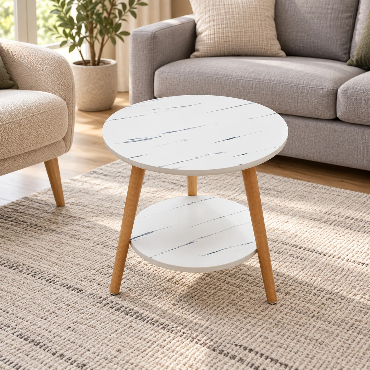 Round Two-Tier Side Table — styled beside living-room seating