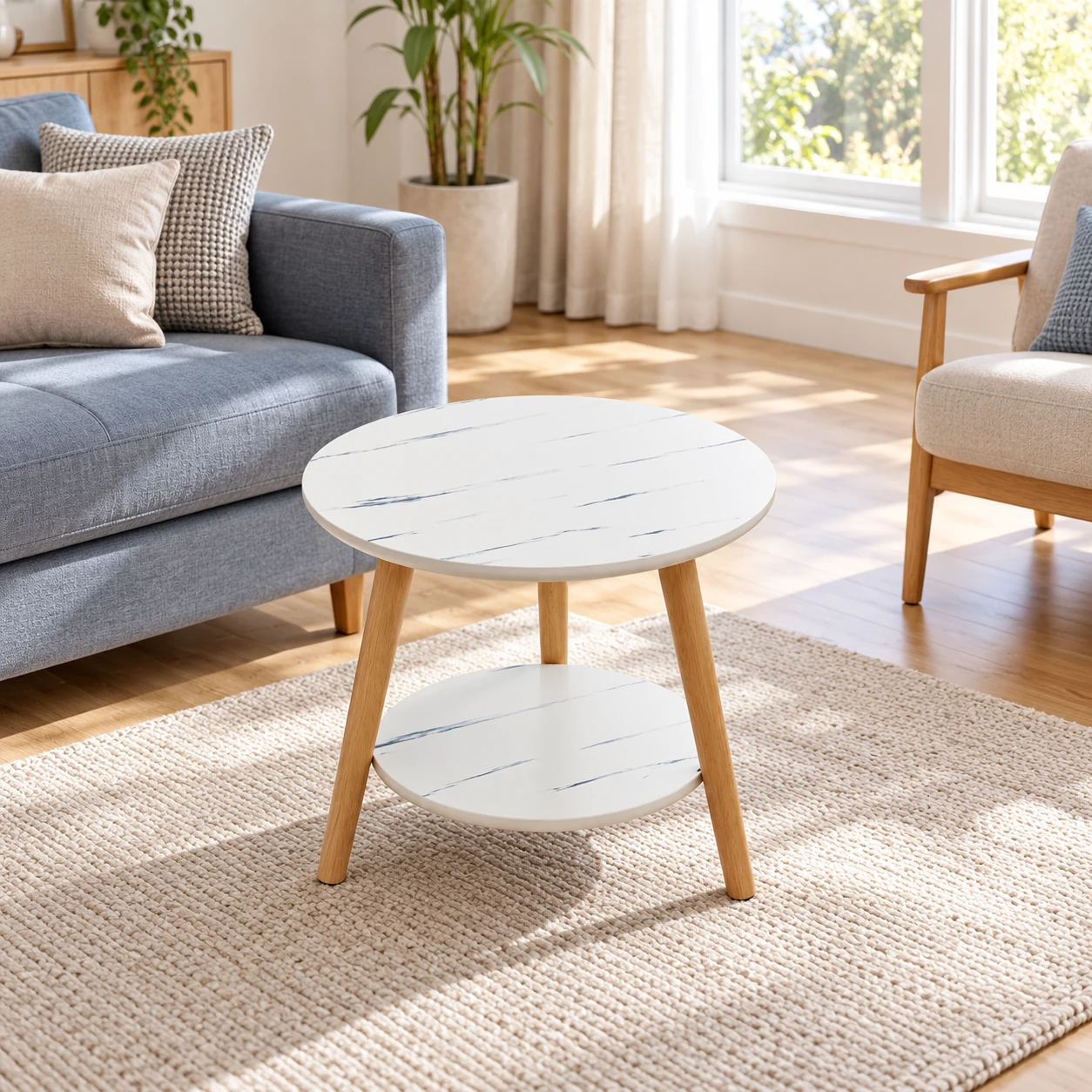 Round Two-Tier Side Table — shown in a wider living-room setting