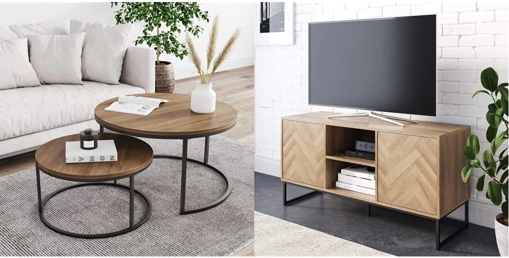 Round Nesting Coffee Table Set — nesting pair shown with other furniture in an interior