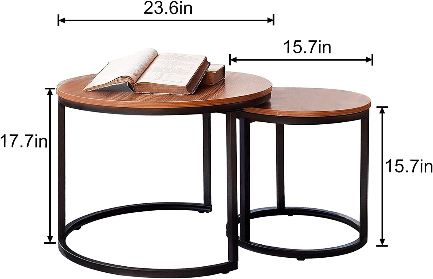 Round Nesting Coffee Table Set — dimension diagram for both tables