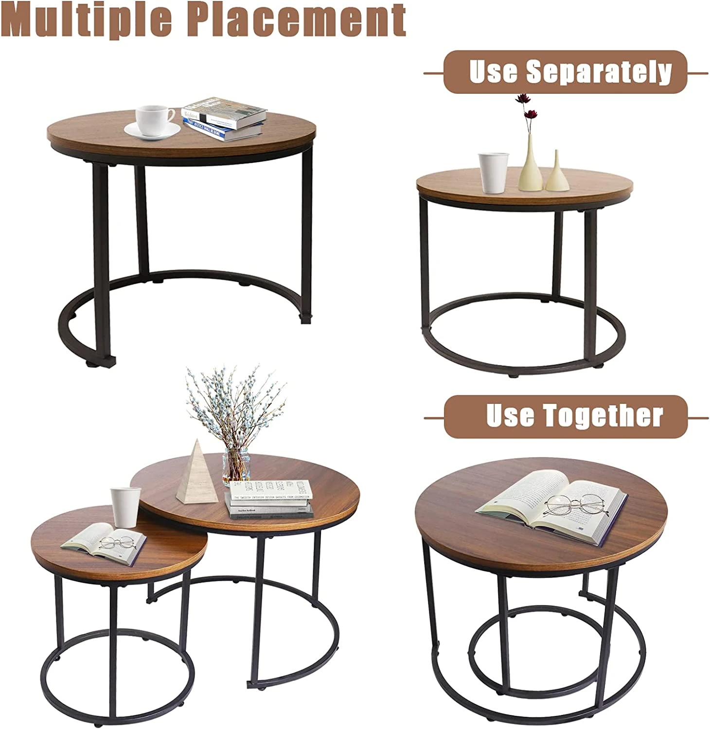 Round Nesting Coffee Table Set — examples of different nesting arrangements