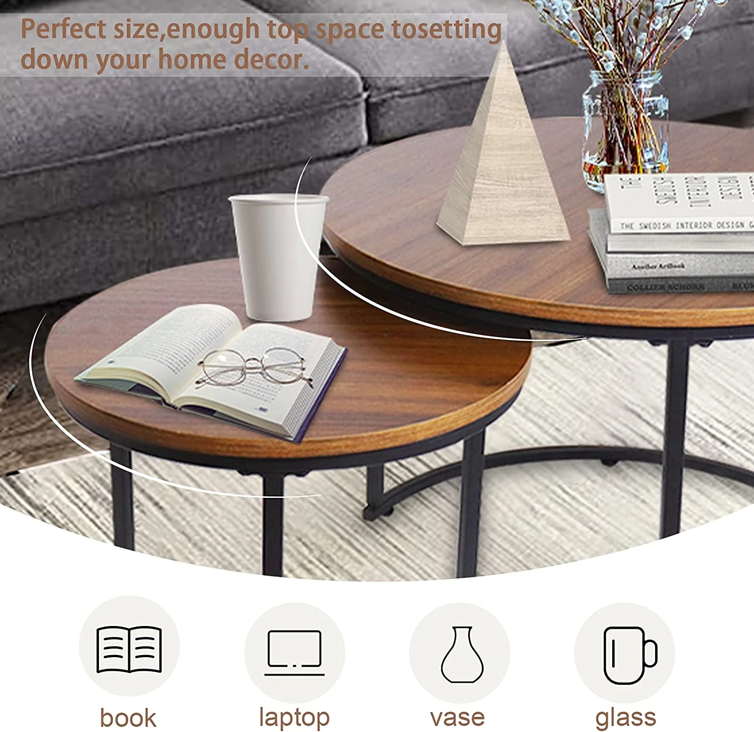 Round Nesting Coffee Table Set — close view of the styled tabletops