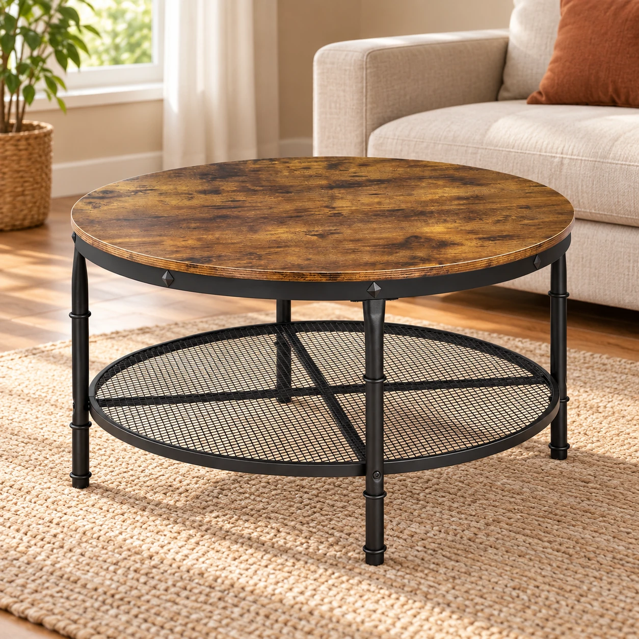 Round Coffee Table with Mesh Shelf — front three-quarter view in a room setting