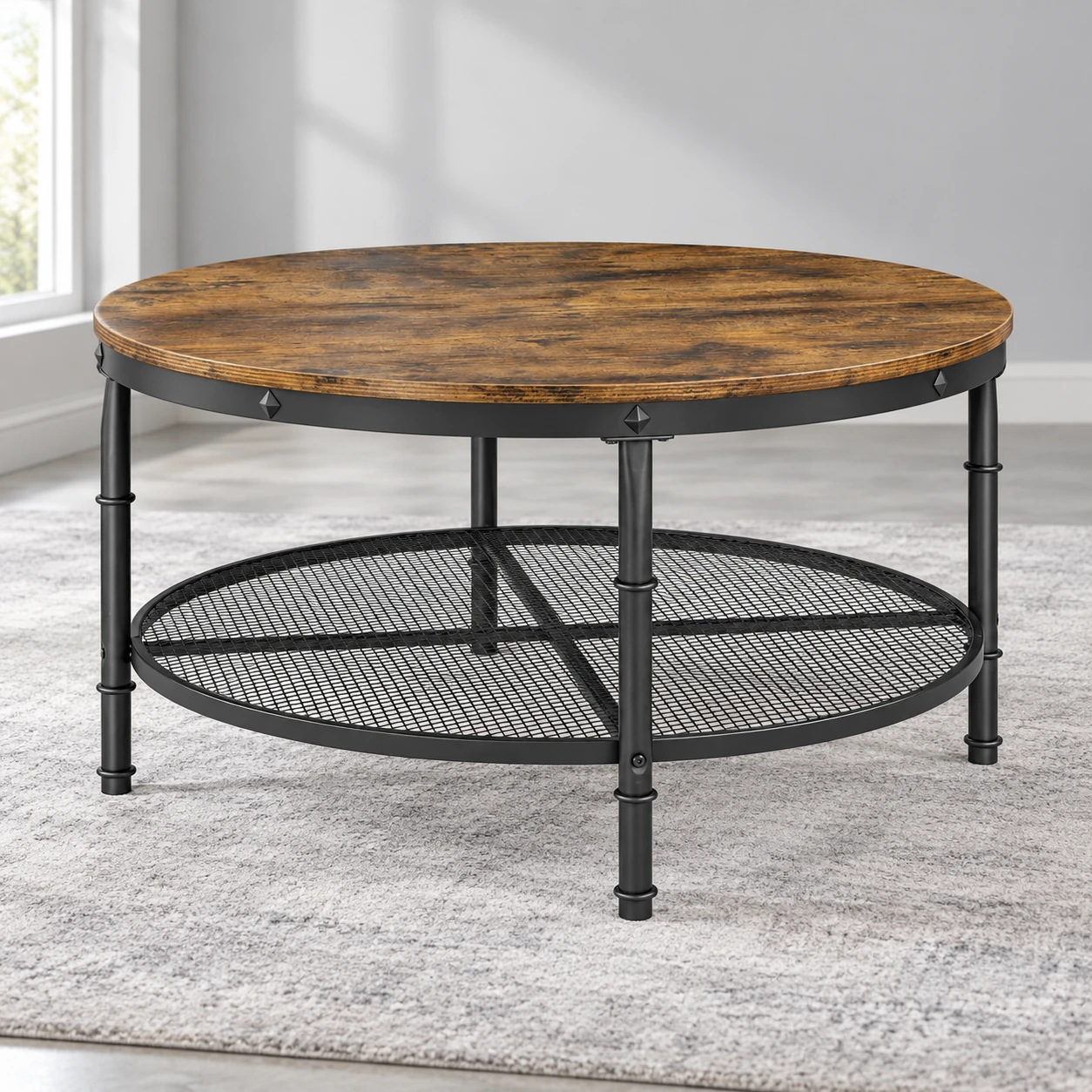 Round Coffee Table with Mesh Shelf — side view