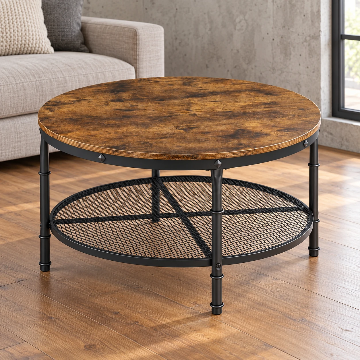 Round Coffee Table with Mesh Shelf — alternate three-quarter view