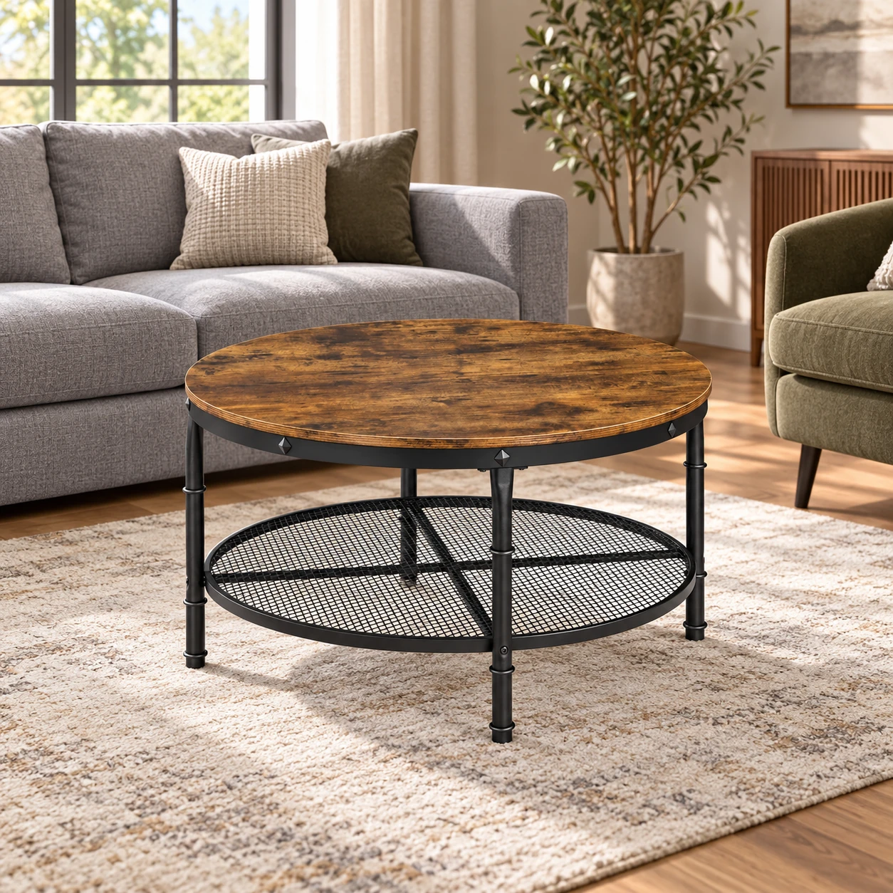 Round Coffee Table with Mesh Shelf — styled beside living-room seating