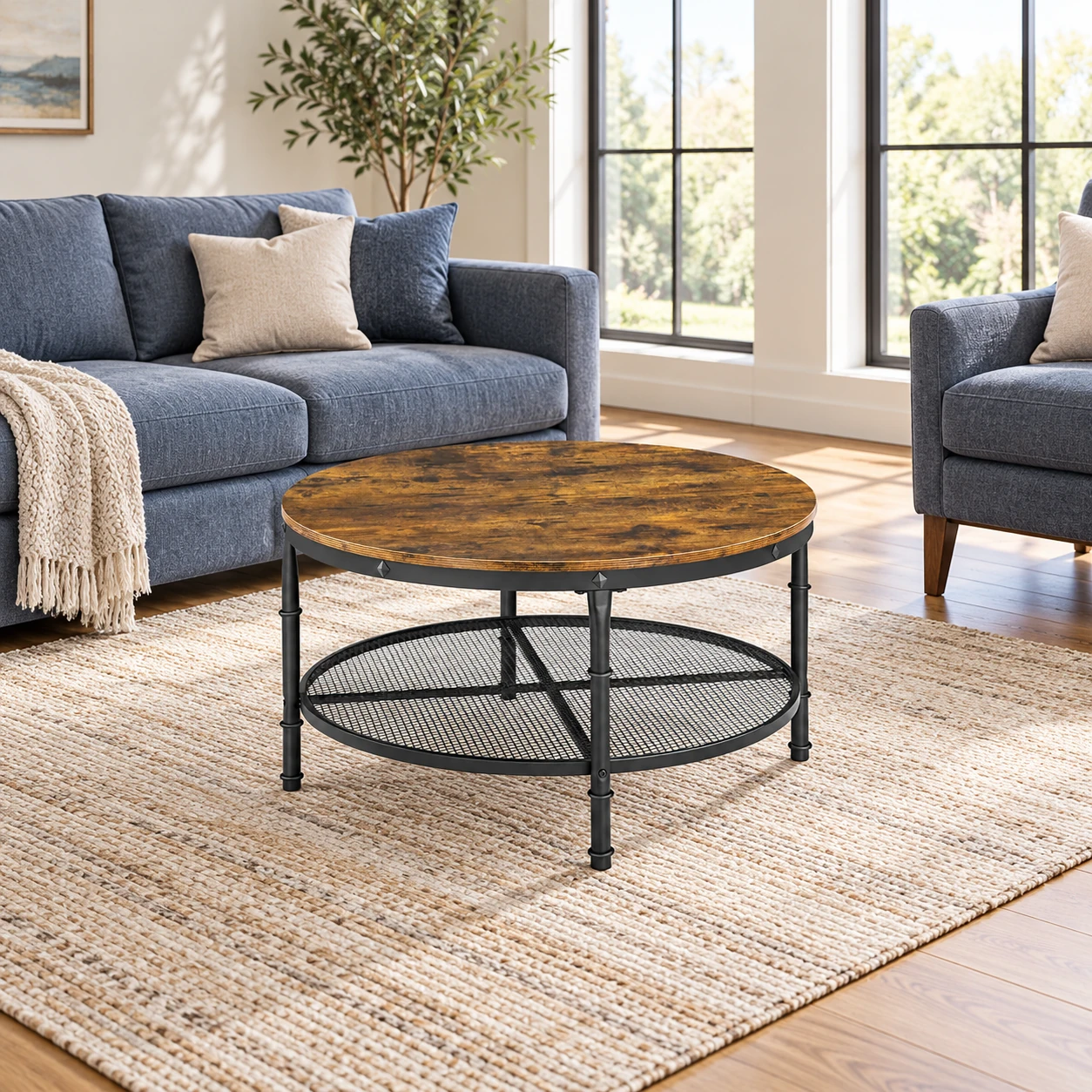 Round Coffee Table with Mesh Shelf — shown in a wider living-room setting