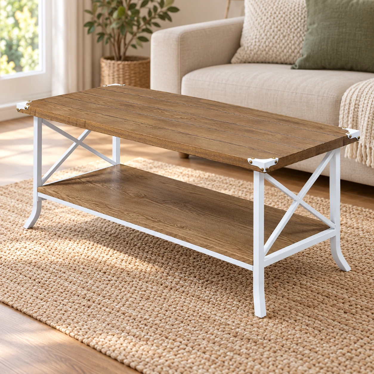 Rectangular Coffee Table with White X-Braced Frame — front three-quarter view in a room setting