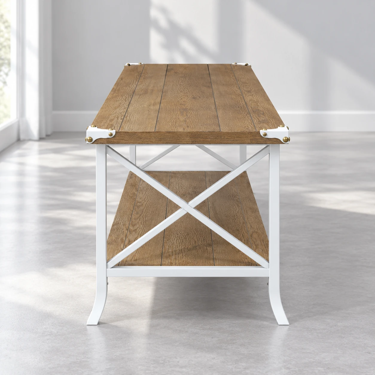 Rectangular Coffee Table with White X-Braced Frame — side view