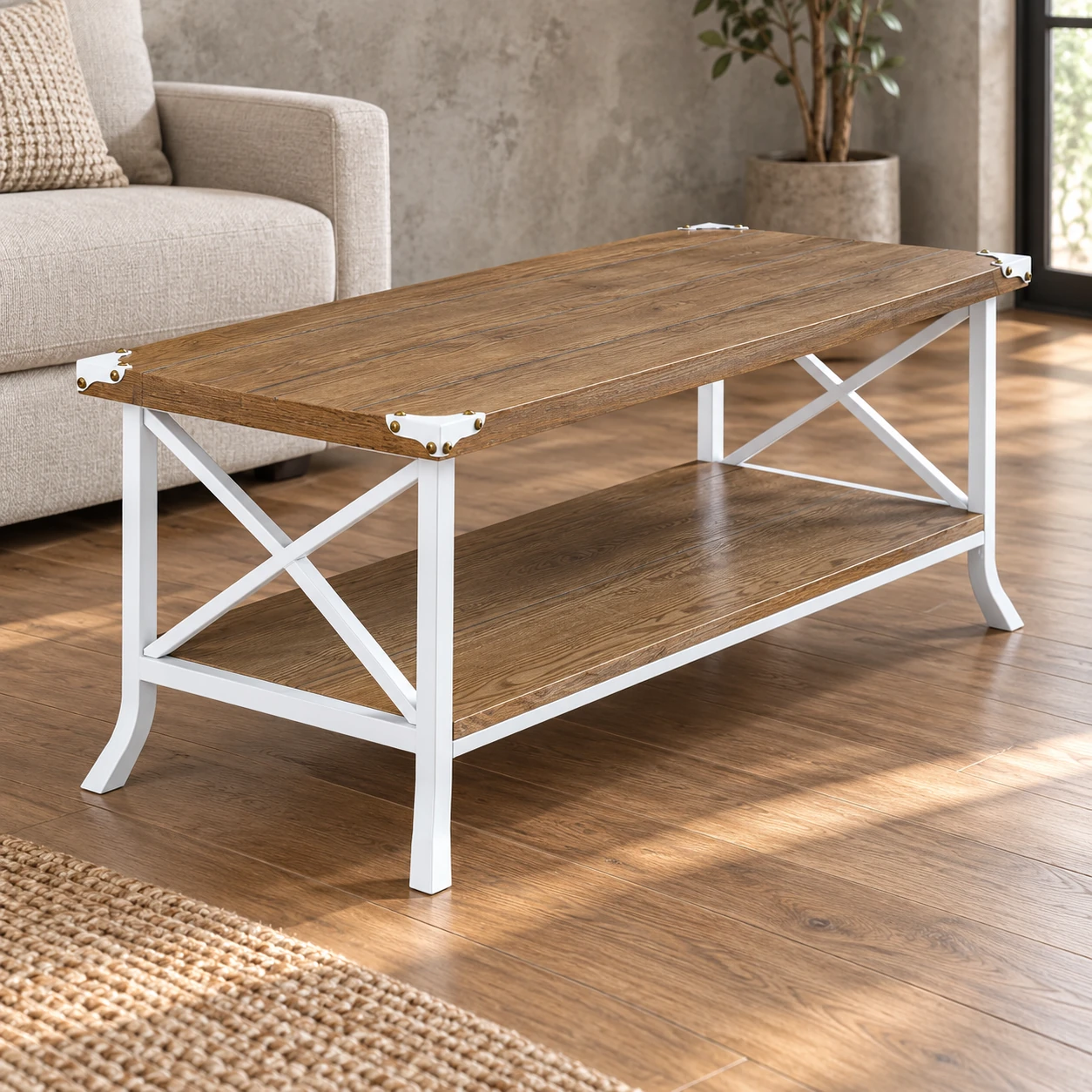 Rectangular Coffee Table with White X-Braced Frame — alternate three-quarter view