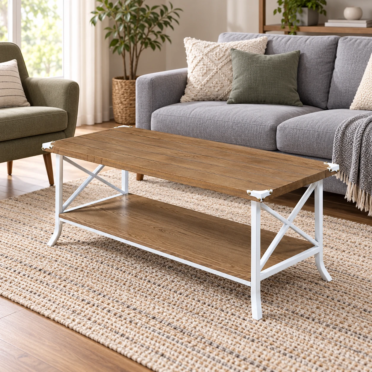 Rectangular Coffee Table with White X-Braced Frame — styled beside living-room seating