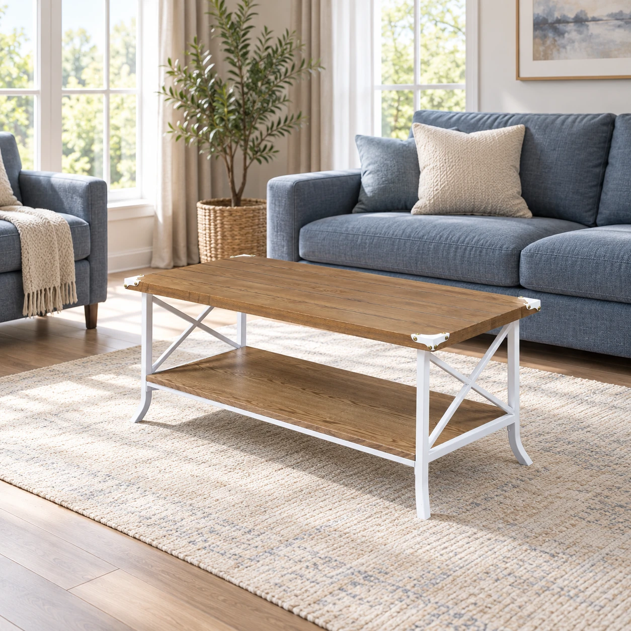 Rectangular Coffee Table with White X-Braced Frame — shown in a wider living-room setting